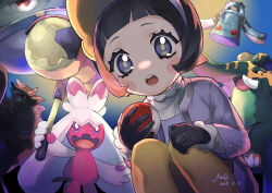 1girl :o black_hair blush_stickers bright_pupils bronzong commentary_request copperajah corviknight creatures_(company) eyelashes game_freak gen_4_pokemon gen_8_pokemon gloves grey_eyes grey_jacket highres jacket long_sleeves looking_down magnezone meq_(xwtc4338) nintendo open_clothes open_jacket open_mouth pantyhose pokemon pokemon_(creature) pokemon_sv poppy_(pokemon) short_hair squatting teeth tinkaton upper_teeth_only yellow_pantyhose  rating:General score:2 user:danbooru