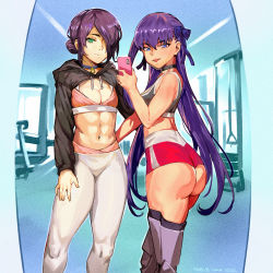  2girls abs ass blue_eyes breasts chainsaw_man choker cleavage cropped_jacket fate/extra fate/extra_ccc fate_(series) green_eyes gym gym_shorts highres keigi leggings long_hair looking_at_viewer looking_back medium_breasts meltryllis_(fate) midriff multiple_girls navel photo_(object) purple_hair reze_(chainsaw_man) selfie shorts sports_bra sportswear standing tongue tongue_out  rating:Questionable score:105 user:StarlightSpiral