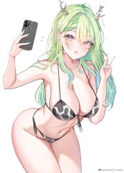  1girl :o absurdres animal_print antlers bikini breasts cellphone ceres_fauna chaisia_art cleavage cow_print cow_print_bikini flower green_hair green_nails hair_flower hair_ornament highres holding holding_phone hololive hololive_english horns large_breasts leaning_forward long_hair navel open_mouth phone print_bikini selfie simple_background smartphone solo stomach swimsuit thighs v wavy_hair white_background yellow_eyes 