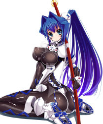  1girl ajikan_(azican) arched_back ass blue_eyes blue_hair blush breasts covered_erect_nipples hair_intakes highres large_breasts long_hair looking_at_viewer looking_back matching_hair/eyes mitsurugi_meiya muv-luv ponytail sitting skin_tight solo sword very_long_hair weapon white_background 