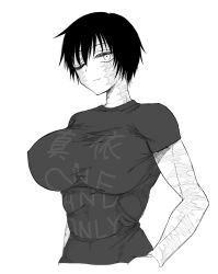 1girl absurdres black_shirt breasts clothes_writing hand_on_own_hip highres jujutsu_kaisen large_breasts looking_at_viewer monochrome one_eye_closed scar shirt short_hair short_sleeves solo soooo_u spoilers white_background zenin_maki rating:Sensitive score:36 user:JustHere4Butts