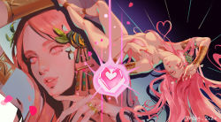  1girl anklet aphrodite_(hades) armlet bracer breasts cleavage close-up falling_petals flower foot_out_of_frame hades_(series) hades_1 hage2013 hair_flower hair_ornament hand_on_own_face heart highres jewelry long_hair looking_at_viewer lying mature_female medium_breasts multiple_rings multiple_views nude on_back parted_lips petals pink_eyes pink_hair pink_lips ring twitter_username  rating:Sensitive score:45 user:danbooru