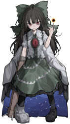  1girl absurdres arm_cannon asymmetrical_footwear black_hair black_socks black_wings bow collared_shirt commentary_request eclipse frilled_shirt_collar frilled_skirt frills full_body green_bow green_skirt hair_bow hand_up highres hisha_(kan_moko) long_hair looking_at_viewer mismatched_footwear puffy_short_sleeves puffy_sleeves red_eyes reiuji_utsuho shirt short_sleeves simple_background skirt smile socks solo starry_sky_print third_eye touhou very_long_hair weapon white_background white_shirt wings 
