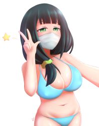  10s 1girl absurdres artist_name bikini black_hair blue_bikini breasts cleavage covered_mouth gabailu green_eyes gridman_universe hair_ornament hair_scrunchie hassu highres large_breasts long_hair looking_at_viewer mask mouth_mask navel scrunchie selfie side_ponytail simple_background solo ssss.gridman standing star_(symbol) surgical_mask swimsuit v white_background 