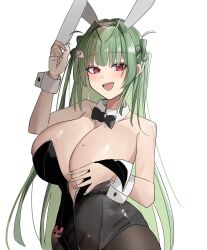 :d animal_ears antenna_hair bare_shoulders black_bow black_bowtie black_leotard blush bowtie breasts brown_pantyhose detached_collar fake_animal_ears fake_tail goddess_of_victory:_nikke green_hair green_nails heart_antenna_hair highleg highleg_leotard huge_breasts leotard long_hair mole mole_on_breast nail_art nail_polish open_mouth pantyhose pink_eyes playboy_bunny rabbit_ears rabbit_tail sayav44 simple_background smile soda_(nikke) soda_(twinkling_bunny)_(nikke) strapless strapless_leotard tail twintails white_background wrist_cuffs