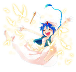  :d \o/ aladdin_(magi) arabian_clothes arms_up baggy_pants bandaged_chest barefoot blue_hair braid bug butterfly dameaki falling floating floating_hair flute insect instrument magi_the_labyrinth_of_magic open_mouth outstretched_arms pants rukh_(magi) simple_background single_braid smile turban white_background yellow_butterfly 