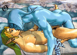  2boys anal blonde_hair blue_skin colored_skin cum cum_in_ass cum_on_body ejaculating_while_penetrated ejaculation hat japas link lowres lying male_focus male_penetrated missionary multiple_boys nintendo nude on_back penis pointy_ears the_legend_of_zelda uncensored water yaoi zora  rating:Explicit score:43 user:Awkward_Touch