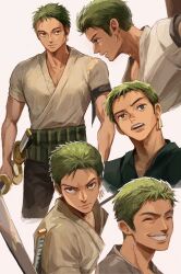 1boy closed_eyes commentary earrings english_commentary green_eyes green_hair happy highres japanese_clothes jewelry katana male_focus oekakiboya one_piece one_piece_(live_action) roronoa_zoro shirt short_hair simple_background smile solo standing sword weapon white_background rating:General score:2 user:danbooru