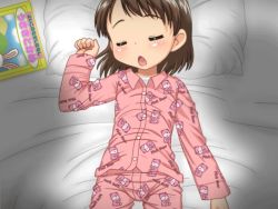 1girl animated animated_gif bed blush brown_hair closed_eyes ekikon_kenkyuukai loli open_mouth pajamas sleeping tagme  rating:Questionable score:117 user:master333