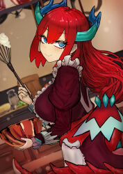  1girl absurdres adeshi_(adeshi0693119) apron blue_eyes breasts commentary_request cooking cooking_pot dragon_girl dragon_horns dragon_tail dress duel_monster highres holding holding_ladle horns indoors kitchen kitchen_dragonmaid ladle large_breasts long_hair long_sleeves looking_at_viewer maid maid_apron puffy_sleeves red_hair tail yu-gi-oh! 
