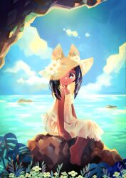  1girl absurdres animal_hat bare_arms bare_shoulders barefoot binzoko_paroma black_hair blonde_hair blue_sky cat_hat closed_mouth cloud colored_inner_hair dress flat_chest flower frilled_dress frills from_side full_body hat hat_flower hat_over_one_eye highres horizon leaf long_hair looking_to_the_side multicolored_hair ocean on_rock one_eye_covered original outdoors rock sitting sitting_on_rock sky smile solo summer sun_hat sundress water white_dress white_flower yellow_hat 