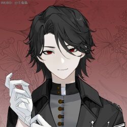  1boy black_hair black_jacket black_shirt black_sleeves character_request chinese_commentary closed_mouth collared_jacket collared_shirt commentary_request eyelashes floral_background gloves gradient_background grey_vest hair_between_eyes highres jacket lips looking_at_viewer male_focus putting_on_gloves qian_linlin real_life red_background red_eyes shirt short_hair simple_background smile snow_man_(jpop) solo straight-on upper_body vest white_gloves white_undershirt 
