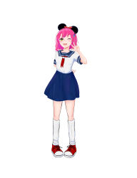  absurdres animal_ears bow freckles highres leg_warmers measles measles-chan mouse_ears pink_hair sailor_collar school_uniform yellow_eyes  rating:Sensitive score:1 user:gobekli