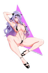  1girl armpits bad_id bad_pixiv_id bikini black_one-piece_swimsuit breasts camilla_(fire_emblem) cleavage female_focus fire_emblem fire_emblem_fates hair_over_one_eye highres long_hair looking_at_viewer matching_hair/eyes nail_polish narrow_waist navel nintendo one-piece_swimsuit open_mouth purple_eyes purple_hair slingshot_swimsuit smile solo swimsuit tagme tiara toenail_polish toenails tofuubear wavy_hair  rating:Questionable score:73 user:Vardigiil