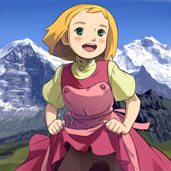  1girl alps_monogatari_watashi_no_annette annette_burnier apron blonde_hair blue_sky blush clothes_lift dress dress_lift facing_viewer female_focus freckles gluteal_fold green_eyes happy haruyama_kazunori lowres mountain nippon_animation open_mouth pantyhose pink_dress presenting red_dress sexually_suggestive shirt short_hair short_sleeves skirt skirt_lift sky solo standing teeth tongue 