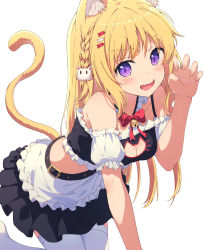 1girl :d absurdres animal_ears armpit_crease bare_shoulders bell bent_over black_shirt black_skirt blonde_hair bow bowtie braid breasts cat_cutout cat_ears cat_girl cat_tail claw_pose cleavage cleavage_cutout clothing_cutout crop_top detached_collar detached_sleeves fang frills hair_ornament hand_up highres jingle_bell keis_(locrian1357) long_hair looking_at_viewer maid medium_breasts midriff miniskirt open_mouth original puffy_short_sleeves puffy_sleeves purple_eyes shirt short_sleeves simple_background skirt smile solo spaghetti_strap tail thighhighs white_background white_thighhighs rating:Sensitive score:19 user:danbooru