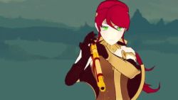  1girl 3d animated animated_gif breasts elbow_gloves forest gloves green_eyes gun monty_oum nature polearm ponytail pyrrha_nikos red_hair rifle rwby shield spear tree weapon 