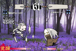  &gt;_&lt; 00s 2girls armor braid cape chibi claymore_(series) claymore_(sword) cloak closed_eyes combo_counter duel fake_screenshot faulds fighting_game flower forest frown game holding holding_sword holding_weapon irene multiple_girls nature open_mouth ophelia pauldrons pointy_ears shoulder_armor silver_hair single_braid sword tree vambraces weapon yellow_eyes  rating:Sensitive score:15 user:danbooru