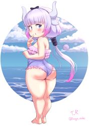  1girl absurdres ass bare_shoulders barefoot blue_eyes blush_stickers feet from_behind full_body highres horns huge_ass kanna_kamui kobayashi-san_chi_no_maidragon legs long_hair looking_back one-piece_swimsuit purple_hair solo standing swimsuit thick_thighs thighs triagorodri  rating:Questionable score:418 user:DarkToonLink