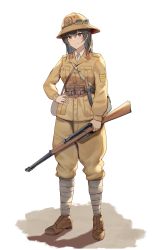 1girl absurdres black_hair bolt_action carcano commentary commission english_commentary full_body goggles goggles_on_headwear gun hand_on_own_hip helmet highres holding holding_gun holding_weapon italy long_hair military military_uniform original pith_helmet pixiv_commission puttees rifle solo unicron_(brous) uniform weapon weapon_request white_background world_war_ii 