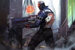  building gloves gun heads-up_display highres jacket male_focus mask mouth_mask overwatch overwatch_1 pants rifle short_hair sia_kim skyscraper smoke soldier:_76_(overwatch) solo visor weapon white_hair  rating:Sensitive score:6 user:danbooru