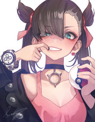  1girl :d absurdres aqua_eyes arm_up asymmetrical_bangs black_choker black_hair black_jacket breasts cheek_pull choker cleavage collarbone commentary_request creatures_(company) dress earrings eyes_visible_through_hair finger_in_own_mouth game_freak grimace grin hair_over_one_eye hair_ribbon highres holding holding_poke_ball jacket jewelry koh_(minagi_kou) long_hair long_sleeves marnie_(pokemon) nintendo open_clothes open_jacket open_mouth pink_dress poke_ball poke_ball_(basic) pokemon pokemon_swsh red_ribbon ribbon signature simple_background smile smoke solo teeth upper_body v-shaped_eyebrows watch white_background wristwatch  rating:Sensitive score:49 user:danbooru