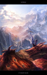  1boy bad_id bad_pixiv_id blood death dragon english_text fantasy highres landscape letterboxed male_focus mountain mstk original scenery solo sunrise sword water waterfall weapon wings  rating:Sensitive score:14 user:danbooru