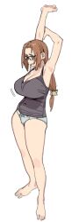  1girl absurdres armpits arms_up barefoot black_tank_top bouncing_breasts breasts full_body glasses hair_ornament hair_pulled_back hair_scrunchie highres huge_breasts imamura_ryou kaii_to_otome_to_kamigakushi mature_female mole ogawa_sumireko panties scrunchie short_eyebrows stretching tank_top thick_eyebrows underwear  rating:Sensitive score:27 user:danbooru