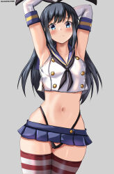  1girl absurdres armpits arms_behind_head arms_up asashio_(kancolle) black_hair black_hairband black_neckerchief black_panties blue_eyes blue_sailor_collar blue_skirt blush breasts commentary_request cosplay crop_top elbow_gloves embarrassed gloves grey_background hairband highleg highleg_panties highres kantai_collection long_hair looking_at_viewer microskirt miniskirt mizuki_(uzuki_no_sato) navel neckerchief one-hour_drawing_challenge panties sailor_collar shimakaze_(kancolle) shimakaze_(kancolle)_(cosplay) simple_background skirt small_breasts solo striped_clothes striped_thighhighs thighhighs underwear white_gloves 