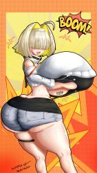  1girl 2024 absurdres ahoge ass ass_expansion blonde_hair blush breast_expansion breast_lift breasts butt_crack colored_inner_hair curvy elegg_(nikke) fang female_focus gigantic_breasts goddess_of_victory:_nikke grabbing_own_breast highres huge_ass looking_at_viewer multicolored_hair open_mouth polka_dot polka_dot_background short_hair shorts smile solo standing thick_thighs thighs ultratofunii underboob wide_hips 
