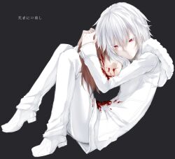  1boy 1girl accelerator_(toaru_majutsu_no_index) albino androgynous blood blood_on_clothes blood_on_face brown_hair closed_mouth commentary_request dark_background disembodied_head fur-trimmed_hood fur-trimmed_jacket fur_trim grey_background hair_between_eyes holding_another&#039;s_head hood hood_down idora_(idola) jacket long_bangs medium_hair misaka_imouto pale_skin pants red_eyes simple_background toaru_majutsu_no_index toaru_majutsu_no_index:_new_testament translation_request white_footwear white_hair white_jacket white_pants winter_clothes 