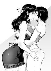  2girls absurdres ass_grab balgitt blush breasts breasts_squeezed_together camisole chainsaw_man chemise cleavage closed_eyes crossover curvy female_focus grabbing_another&#039;s_ass highleg highleg_panties highres himeno_(chainsaw_man) hug katsuragi_misato kiss monochrome multiple_girls neon_genesis_evangelion panties short_hair signature simple_background standing thong trait_connection underwear underwear_only wide_hips yuri 