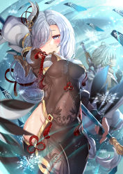  1boy 1girl arm_behind_head arm_up aunt_and_nephew black_gloves blue_eyes blurry blurry_foreground blush bodysuit breast_curtain breasts brown_bodysuit chongyun_(genshin_impact) commentary_request covered_navel depth_of_field eyebrows_hidden_by_hair fingerless_gloves genshin_impact gloves grey_eyes grey_hair hair_over_one_eye highres hip_vent holding long_hair looking_at_viewer medium_breasts partially_fingerless_gloves profile shenhe_(genshin_impact) very_long_hair watermark xephonia  rating:Sensitive score:22 user:danbooru