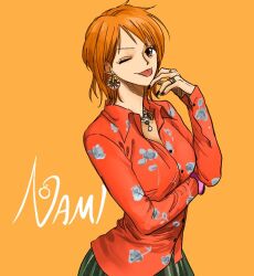  1girl black_nails character_name commentary_request cowboy_shot crossed_arms earrings jewelry korean_commentary looking_at_viewer nami_(one_piece) necklace one_eye_closed one_piece orange_background orange_eyes orange_hair red_shirt ring seseasl shirt short_hair solo tongue tongue_out 