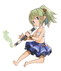  1girl bandeau barefoot blue_eyes commentary_request flat_chest flute granblue_fantasy green_hair hair_ornament hairclip harada_takehito harvin instrument mimlememel music playing_instrument pointy_ears recorder simple_background skirt solo white_background 