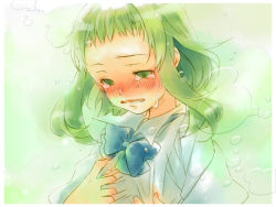  1girl bad_id bad_pixiv_id blouse blue_bow blue_bowtie blush border bow bowtie collared_shirt crying crying_with_eyes_open female_focus gradient_background green_background green_eyes green_hair gumi half-closed_eyes kimi_ni_gomen_ne_(vocaloid) matching_hair/eyes outside_border shirt short_hair solo tears utility_pole_(artist) vocaloid white_border white_shirt 