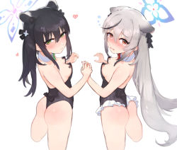 2girls absurdres areola_slip ass bandaid bandaids_on_nipples black_hair blue_archive blush breasts brown_eyes covered_erect_nipples extra_ears frilled_leotard frills green_eyes grey_hair heart highres holding_hands kokona_(blue_archive) leotard loli long_hair looking_at_viewer maqin multiple_girls naughty_face pasties playboy_bunny shun_(blue_archive) shun_(small)_(blue_archive) simple_background tearing_up twintails very_long_hair white_background rating:Questionable score:114 user:danbooru