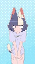  1girl animal_ear_fluff animal_ears animated artist_name bandaid bandaid_on_pussy blue_background bob_cut bottomless cat_ears cat_girl cat_tail clothes_lift evilfrap looking_down multicolored_hair naked_shirt navel original outline purple_hair shirt shirt_lift shirt_tug short_sleeves solo t-shirt tail video watermark white_hair white_outline 
