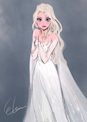  1girl blue_eyes blush breasts character_name collarbone curly_hair dress elsa_(frozen) feet_out_of_frame frozen_(disney) frozen_ii_(disney) grey_background hands_on_own_chest highres lipstick long_dress long_hair long_sleeves makeup masso off_shoulder own_hands_together parted_lips purple_lips silver_hair simple_background small_breasts solo standing white_dress  rating:Sensitive score:24 user:danbooru
