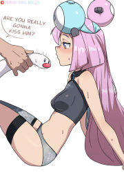  1boy 1girl absurdres adapted_costume arm_support blush breasts character_hair_ornament commentary creatures_(company) english_text game_freak green_hair grey_panties grey_thighhighs hair_ornament highres holding holding_pokemon iono_(pokemon) leaning_back long_hair multicolored_hair nintendo panties patreon_logo pink_hair pokemon pokemon_(creature) pokemon_sv shirt single_thighhigh speech_bubble sweat thigh_strap thighhighs tobias_wheller two-tone_hair underwear watermark white_background wiglett 