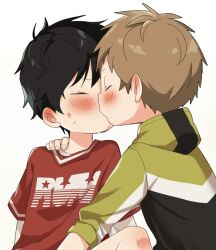  2boys 62isako black_hair blush brown_hair closed_eyes commentary commentary_request face-to-face hand_on_another&#039;s_shoulder hood hoodie kiss multiple_boys original red_shirt saliva shirt shota simple_background white_background yaoi  rating:Sensitive score:68 user:danbooru