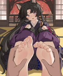  1girl absurdres animal_ears arknights barefoot black_hair falling_leaves feet foot_focus hands_on_own_knees highres japanese_clothes leaf long_hair looking_at_viewer open_mouth purple_eyes saga_(arknights) soles solo tatami toes xssh  rating:Sensitive score:66 user:ssfl