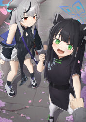  1boy 2girls absurdres animal_ears black_dress black_footwear black_hair black_jacket black_socks blue_archive blue_halo blush breasts cherry_blossoms china_dress chinese_clothes closed_mouth dress green_eyes grey_hair halo highres hub_(havu_obi) jacket kokona_(blue_archive) long_hair long_sleeves multicolored_hair multiple_girls open_mouth orange_eyes petals pout shoes short_sleeves shun_(blue_archive) shun_(small)_(blue_archive) small_breasts smile socks streaked_hair striped_clothes striped_dress thighhighs tiger_ears twintails vertical-striped_clothes vertical-striped_dress white_footwear white_thighhighs 