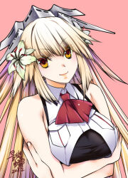  1girl arms_under_breasts ascot blonde_hair breasts brooklyn_(kancolle) crossed_arms dated dress flower hair_between_eyes hair_flower hair_ornament headgear hibiscus kagesaki_yuna kantai_collection large_breasts long_hair looking_at_viewer orange_eyes pink_background purple_hair red_ascot signature simple_background sleeveless solo upper_body very_long_hair white_flower 