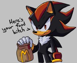  1boy bag cowboy_shot furry furry_male gloves grey_background holding holding_bag looking_at_viewer male_focus mcdonald&#039;s orange_eyes paper_bag profanity quark196 shadow_the_hedgehog simple_background solo sonic_(series) white_gloves 