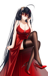  1girl absurdly_long_hair absurdres azur_lane bare_shoulders black_hair black_thighhighs breasts catnnn cleavage cocktail_dress dress evening_gown gem hair_between_eyes hair_ornament high_heels highres lace lace-trimmed_legwear lace_trim large_breasts long_hair looking_at_viewer official_alternate_costume red_dress red_eyes red_footwear red_gemstone shoe_dangle shoes simple_background sitting sleeveless sleeveless_dress solo taihou_(azur_lane) taihou_(forbidden_feast)_(azur_lane) thighhighs very_long_hair white_background  rating:Sensitive score:31 user:danbooru