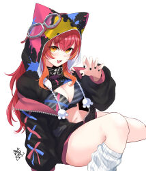 1girl akira_miku_ver animal_hood baggy_socks black_bra black_collar black_jacket black_nails bra breasts claw_pose cleavage collar commentary fang feet_out_of_frame fingernails goggles goggles_on_head hand_up highres hood hood_up hooded_shrug jacket knee_up long_sleeves looking_at_viewer medium_breasts midriff multicolored_hair navel nekota_tsuna nekota_tsuna_(1st_costume) off_shoulder open_mouth orange_eyes orange_hair paint_splatter partially_unzipped puffy_long_sleeves puffy_sleeves red_hair shrug_(clothing) signature simple_background skin_fang socks solo stomach streaked_hair striped_bra striped_clothes thighs underwear virtual_youtuber vspo! white_background white_socks
