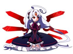  1girl ahoge albino bad_id bad_pixiv_id dress forehead_jewel frilled_dress frills hair_tubes huge_ahoge jerun jnrghzrg long_hair red_eyes sitting solo twintails under_night_in-birth vatista very_long_hair white_hair wings 