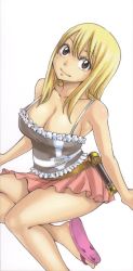1girl absurdres belt blonde_hair breasts brown_eyes cleavage fairy_tail female_focus frills highres large_breasts lucy_heartfilia mashima_hiro miniskirt official_art sandals shirt skirt thighs rating:Sensitive score:75 user:unisex