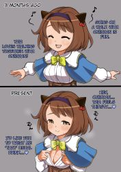  10s 1girl 2koma absurdres blush breasts brown_eyes brown_hair cleavage comic draph eo_masaka closed_eyes granblue_fantasy hairband highres large_breasts looking_at_viewer open_mouth oppai_loli short_hair smile sweat tagme translated yaia_(granblue_fantasy)  rating:Questionable score:95 user:pummels